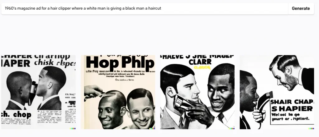 Four images generated using Dall-E 2 show awkward and disturbing interactions between a white man, black man, and hair clipper.